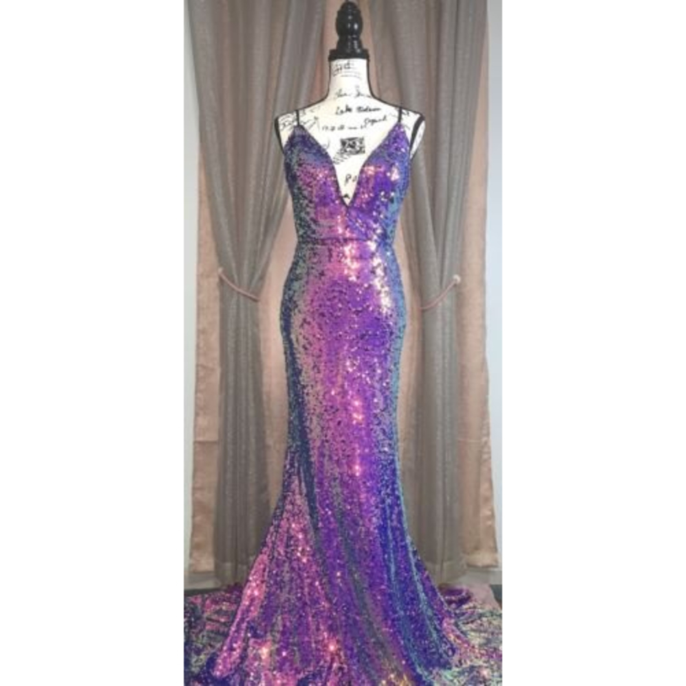 ‼️SOLD‼️Jovani Iridescent Embellished Sequin Fitted V Neck Prom Bridesmaid Dress - Picture 1 of 11